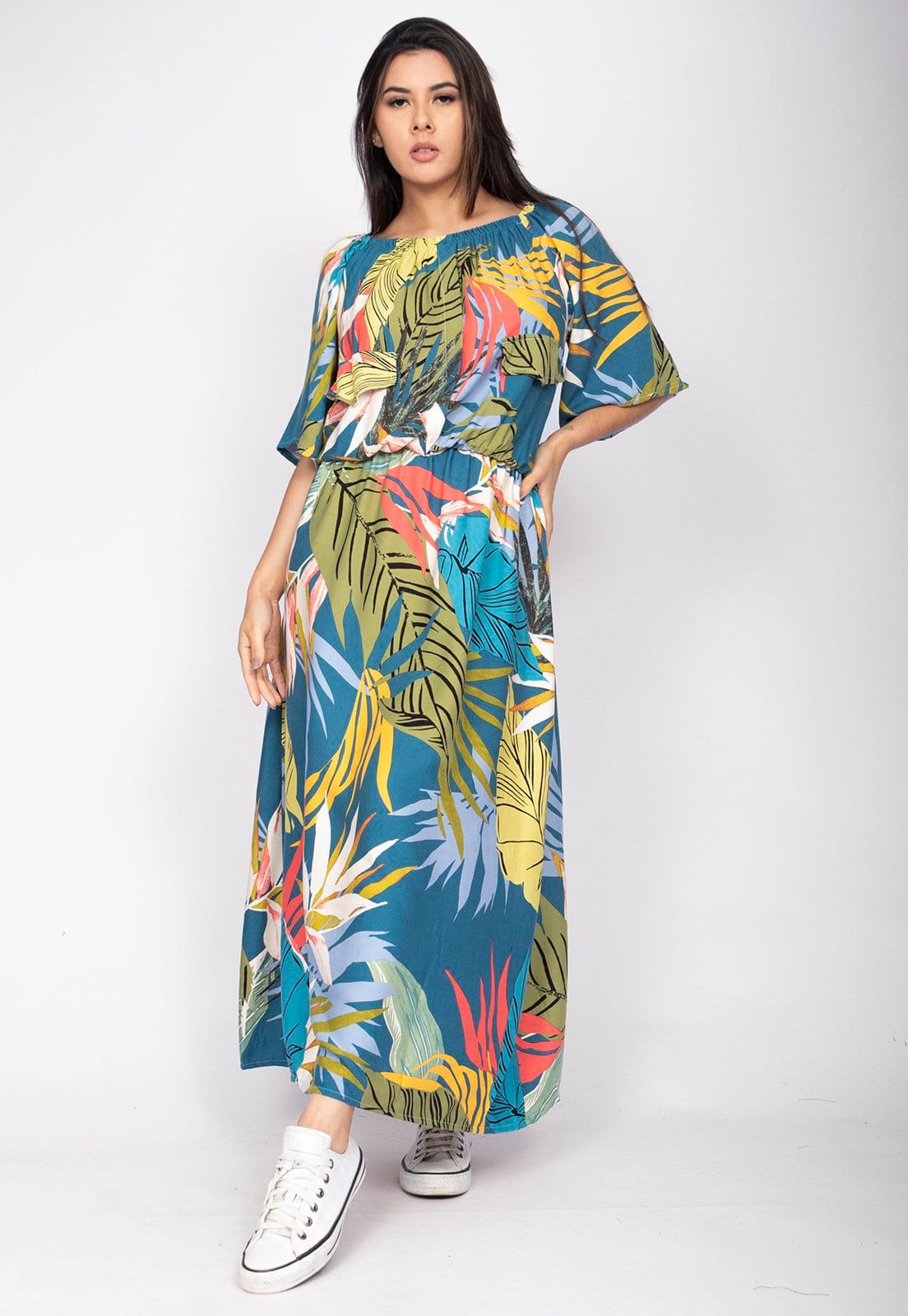 Vista principal Vestido Midi CabanaFree Viscose Ciganinha com Lapela Estampa Brisa Botânica Cabanafree azul/estampado