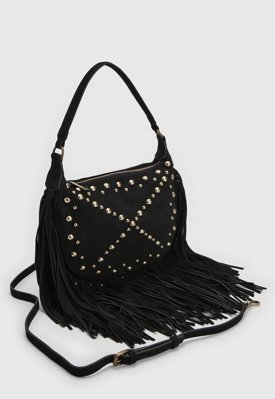 Vista 2 Bolsa Média Luiza Barcelos Franjas Tachas Preta Luiza Barcelos preto