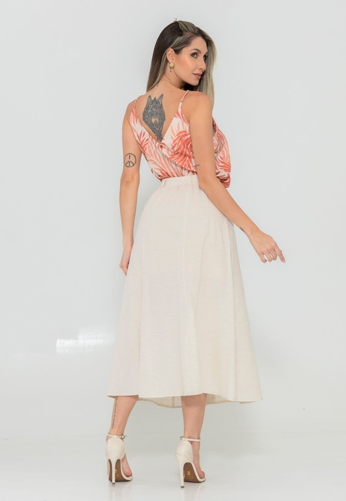 Vista 2 Conjunto Feminino Elegancy Premium Saia de Linho Premium e Blusa Regata Estampada Docce Mulher vermelho