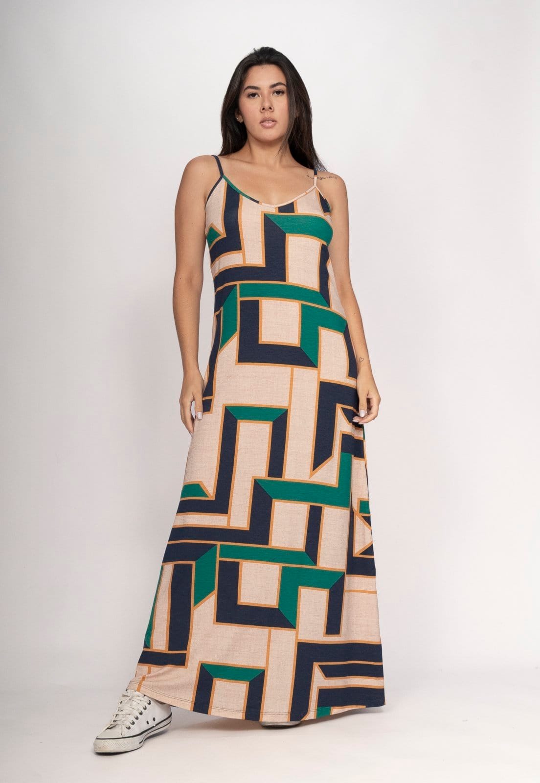 Vista principal Vestido CabanaFree Guaíra Longo Malha Alça Fina Chapada de Areia Cabanafree estampado