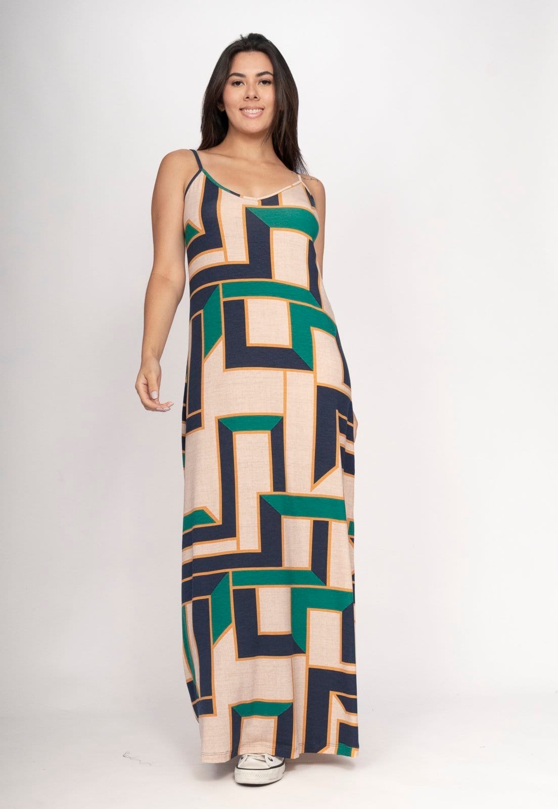 Vista 2 Vestido CabanaFree Guaíra Longo Malha Alça Fina Chapada de Areia Cabanafree estampado
