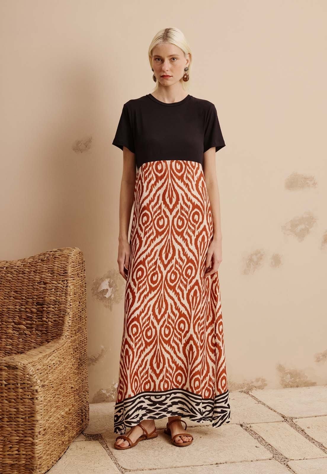 Vista principal Vestido Maxi Midi Estampado Arumã CaCay marrom