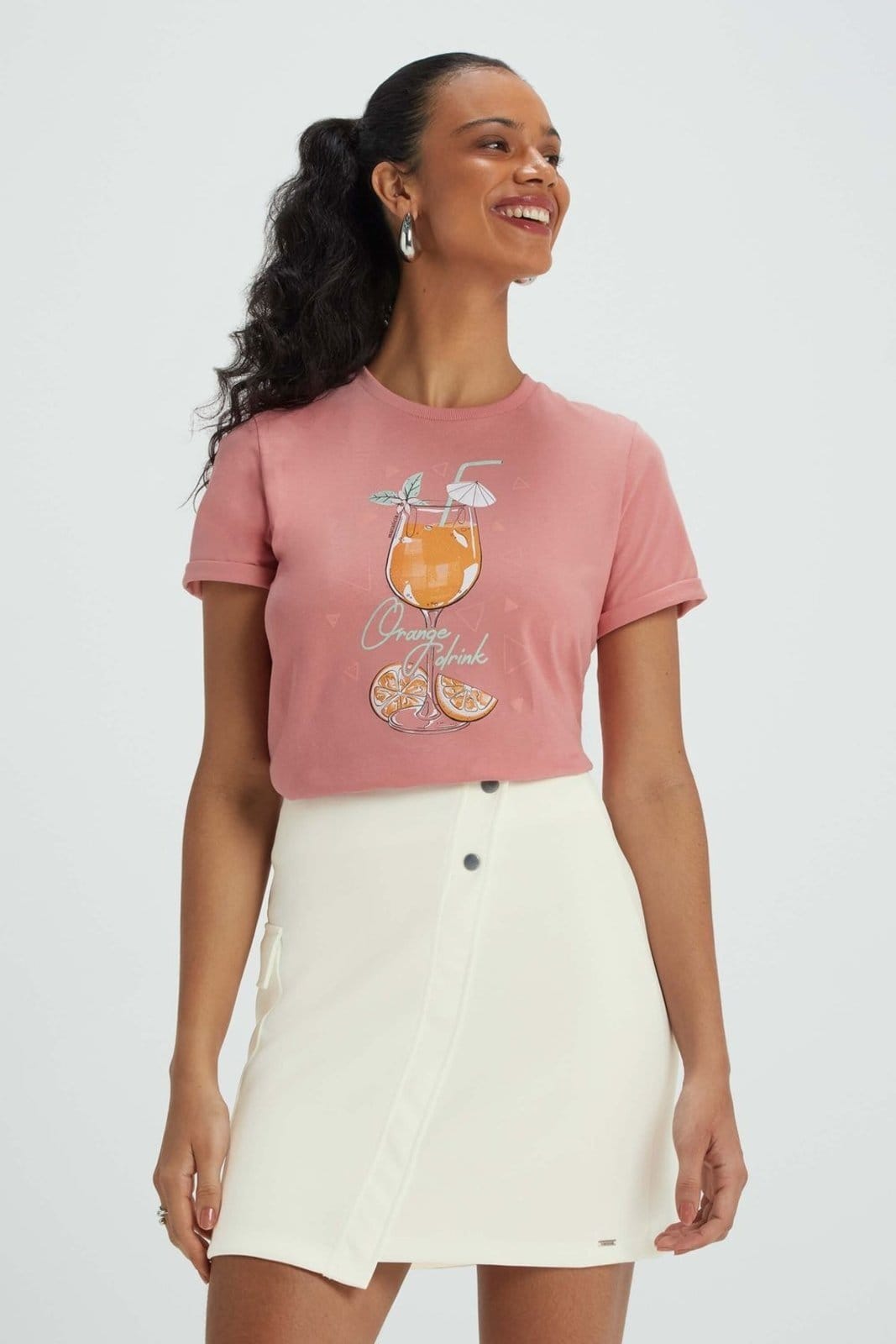 Vista principal Saia Feminina Assimétrica Com Bolso Marialícia Marialícia bege