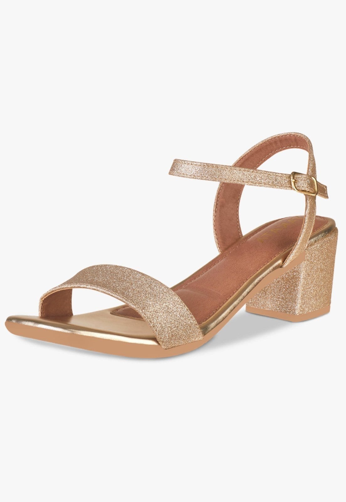 Sandália Festa Brilho Elegante Salto Grosso Baixo Ouro