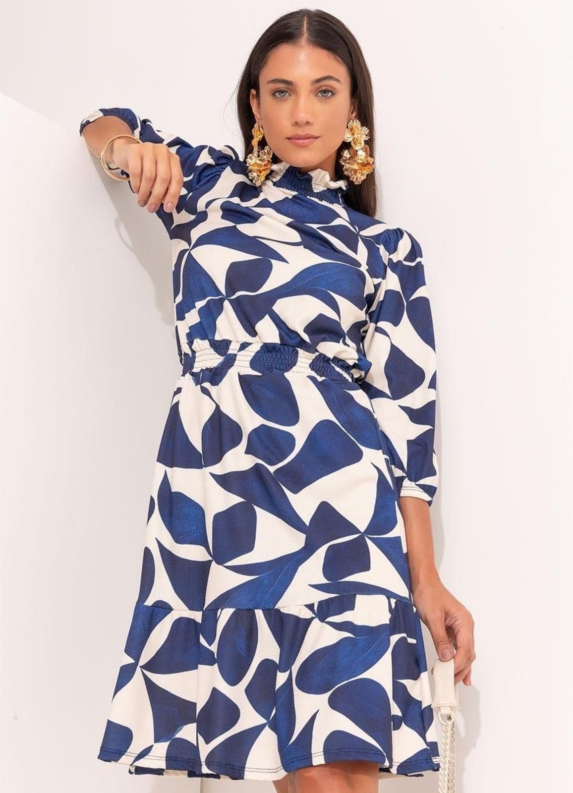 Vestido Malha Canelada Geométrico Colorido