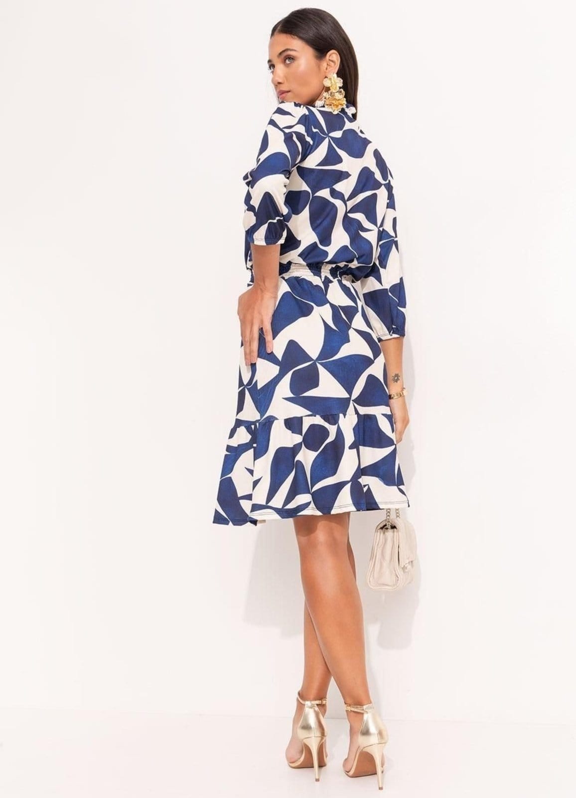 Vista 2 Vestido Malha Canelada Geométrico Colorido Quintess azul