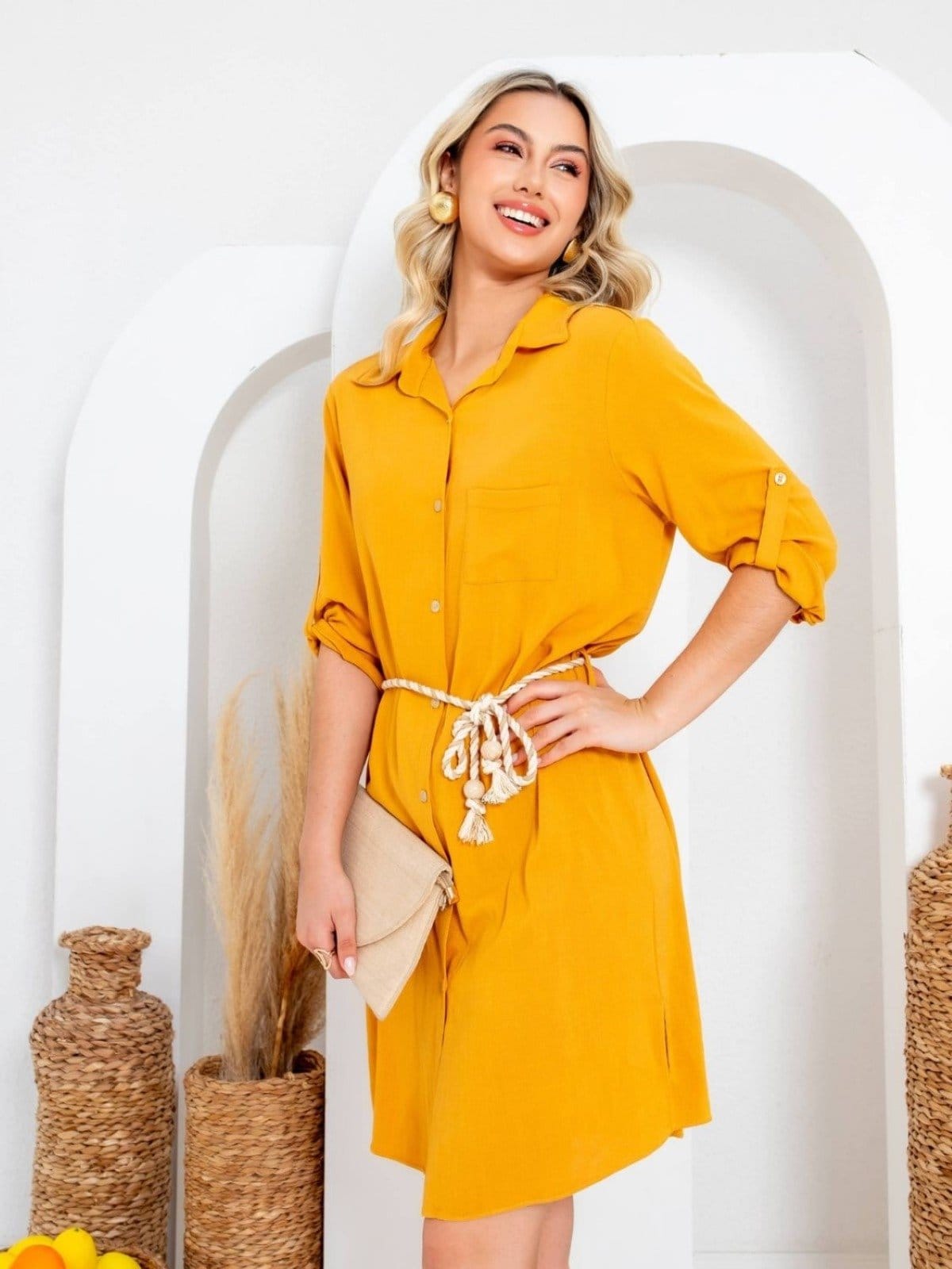 Vista principal CHEMISE VESTIDO DE VISCOSE DAISY MOSTARDA POLLEN amarelo