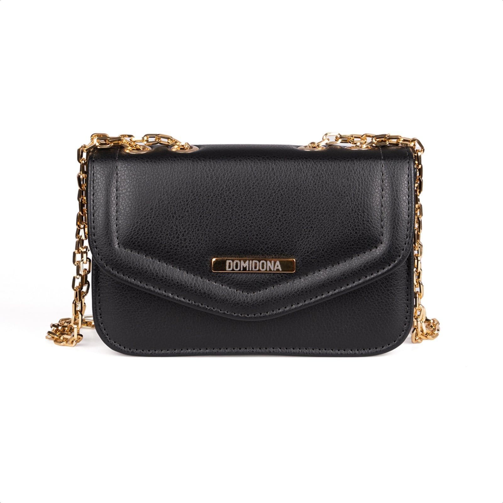 Vista principal Bolsa Feminina Domidona Mini Bag Preta Pequena com Corrente Dourada Domidona preto