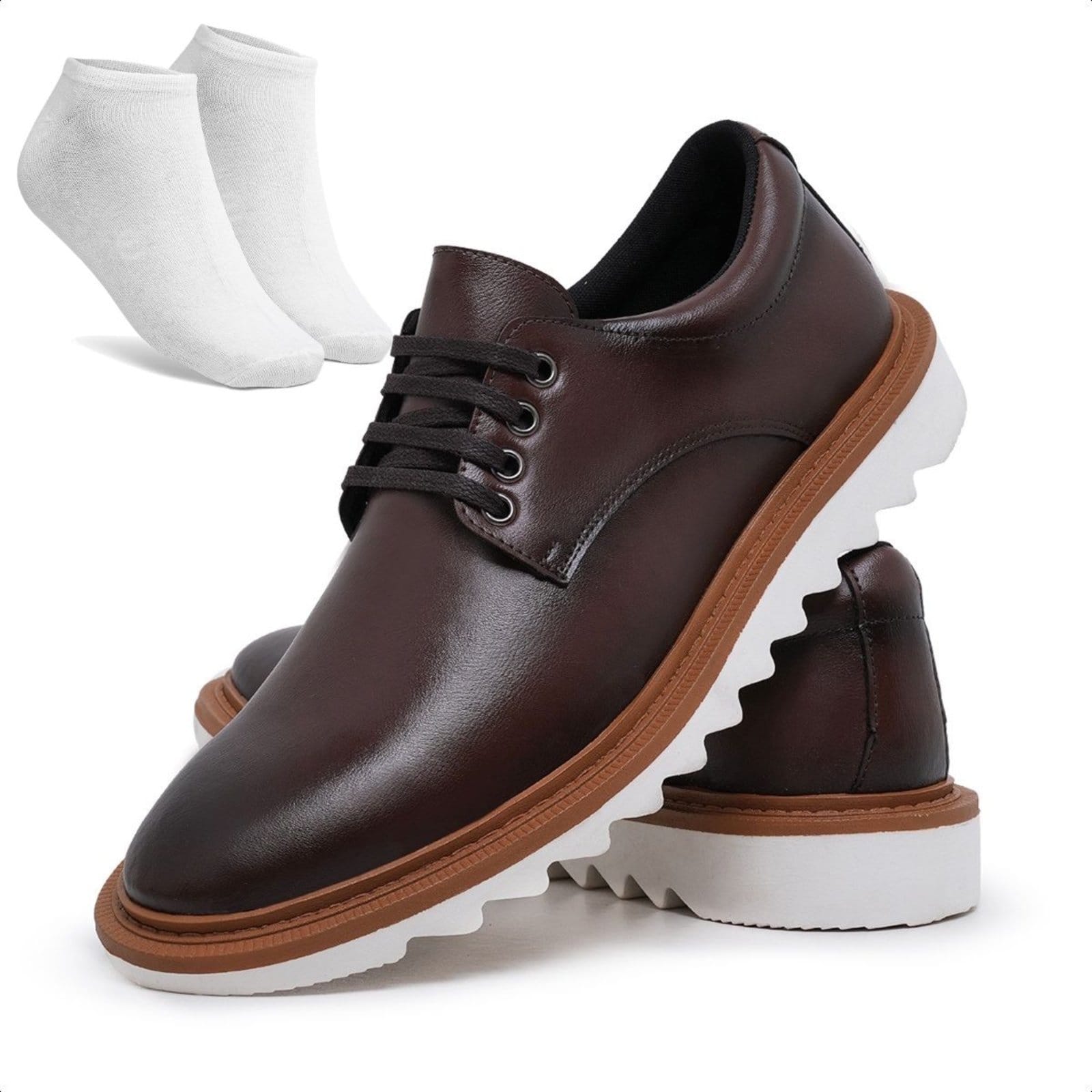 Kit Sapato Social Masculino Derby Casual Solado Tratorado com Meia