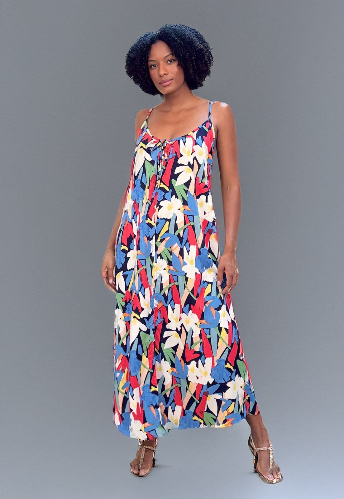 Vista 2 Vestido Longo Caçuá Viscose Alça Fina Estampa Floresce Amazonia Vital azul/branco/estampado/vermelho