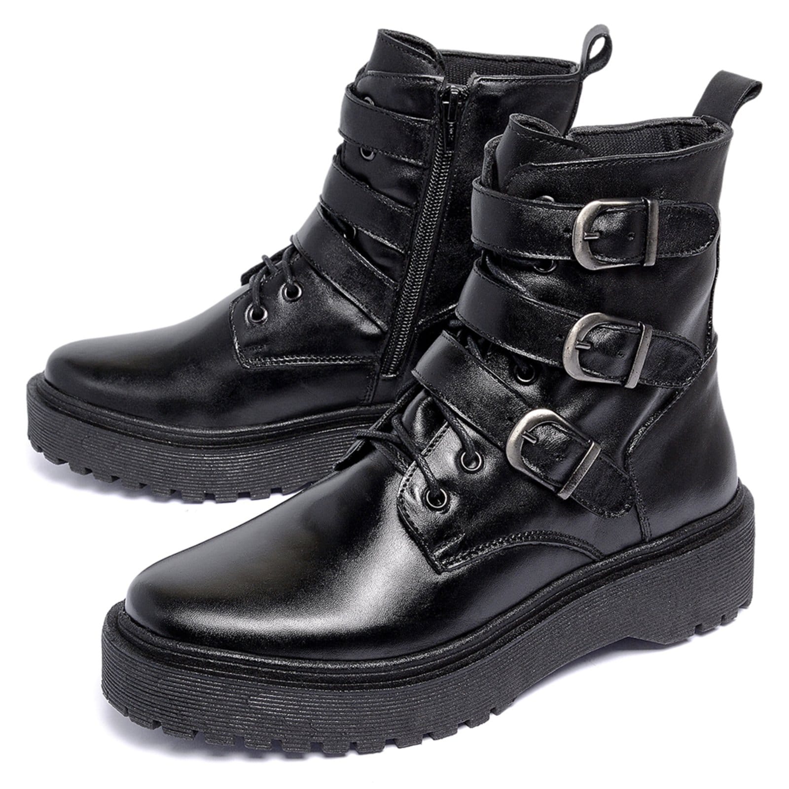 Vista 2 Bota Coturno Feminino Ferrile em Couro Com Fivelas e Ziper Preta Ferrile multicolorido/preto