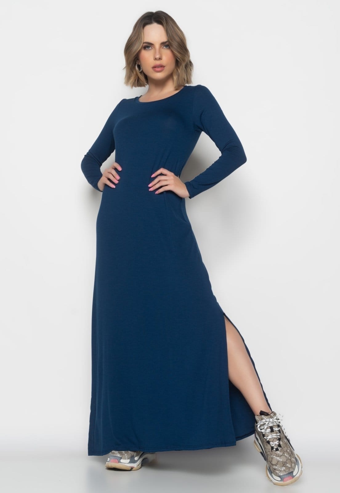 Vestido Longo Manga Longa Malha Salvatore Fashion Marinho