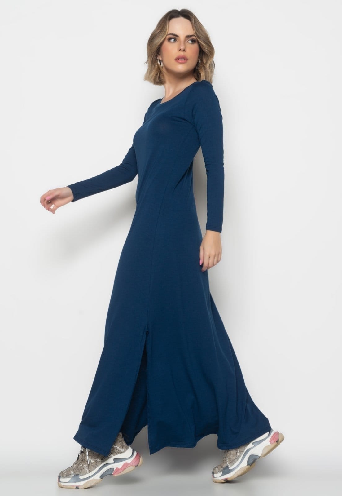 Vista 2 Vestido Longo Manga Longa Malha Salvatore Fashion Marinho Salvatore Fashion azul