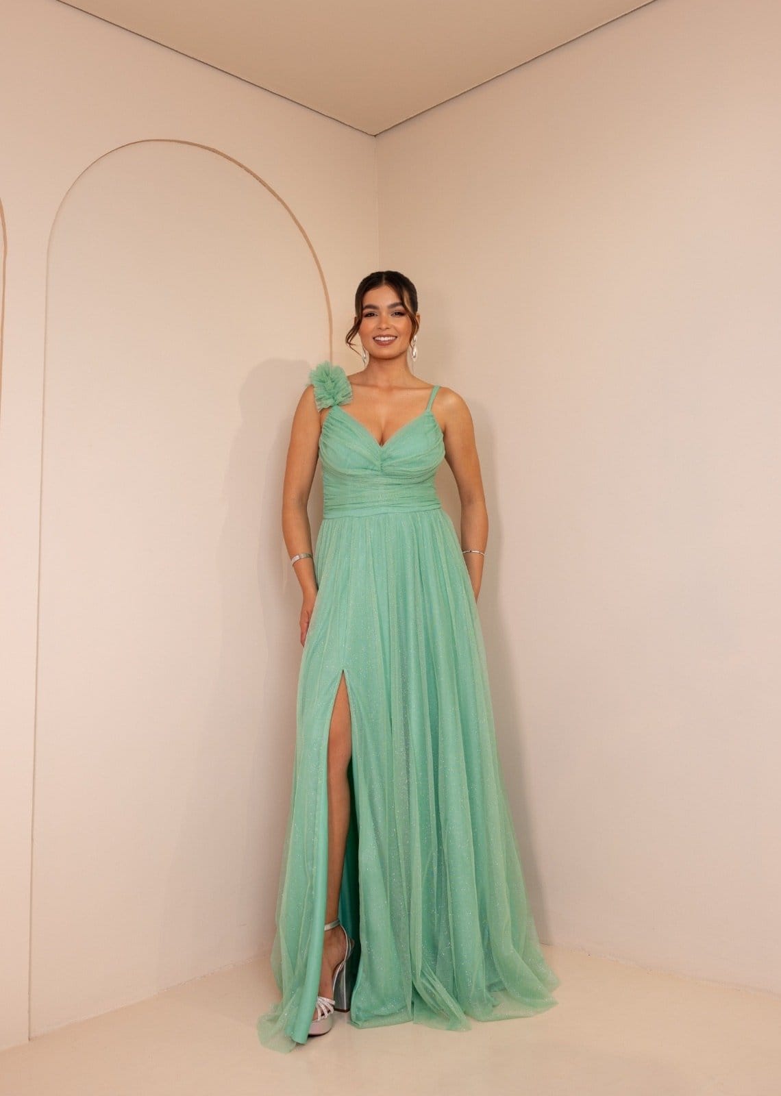 Vestido Longo de Festa Micro Tule Detalhe na Alcinha Marjorie Menta - 2