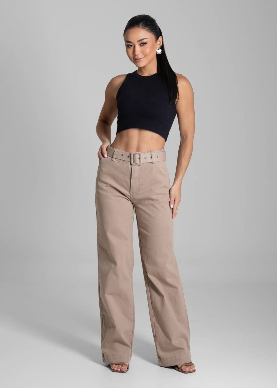 Vista 2 Calça Sarja Sawary Wide Leg - 277998 Sawary bege