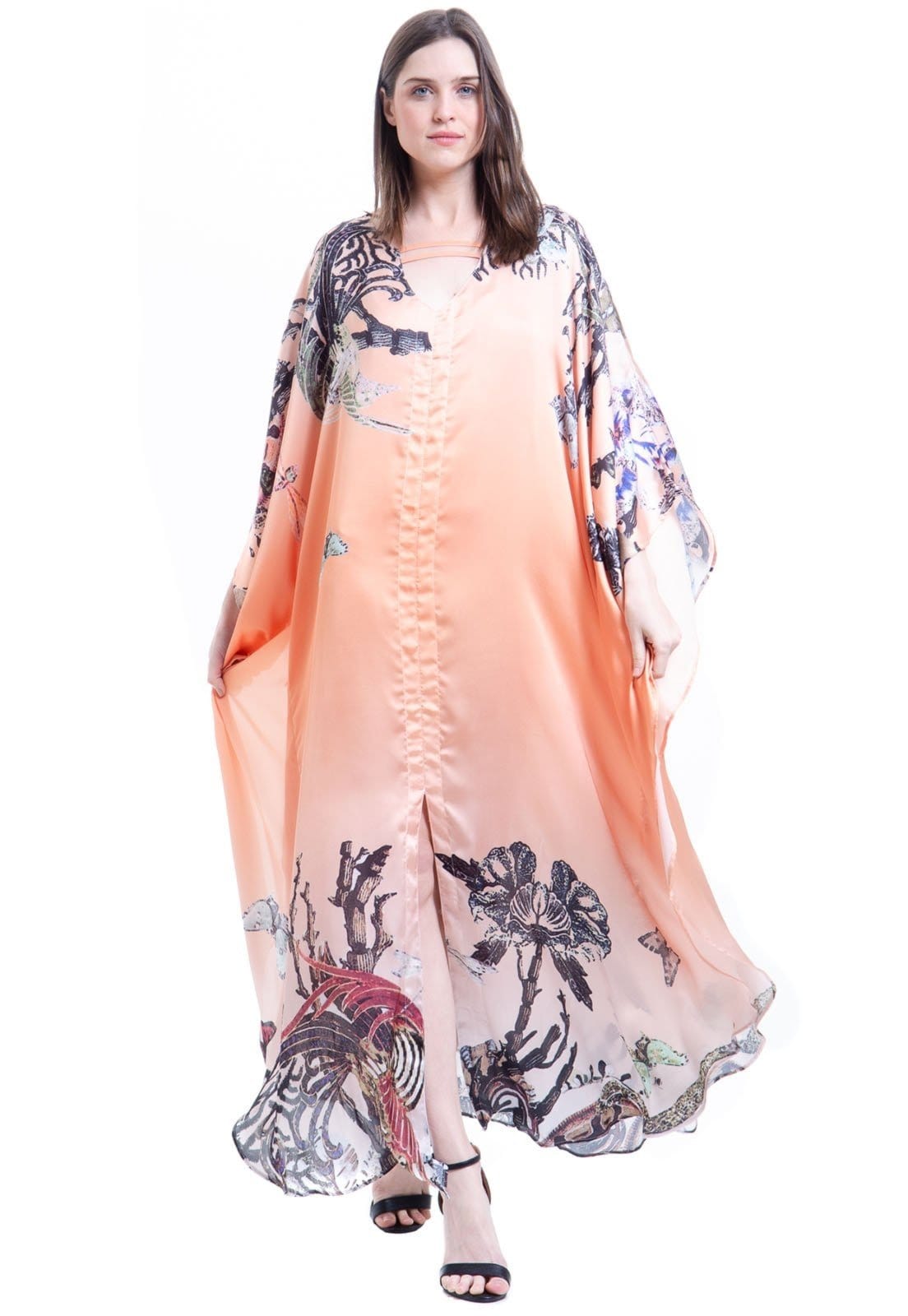 Vestido KAFTAN Longo Cetim Estampado EXCLUSIVO Fundo do Mar Coral