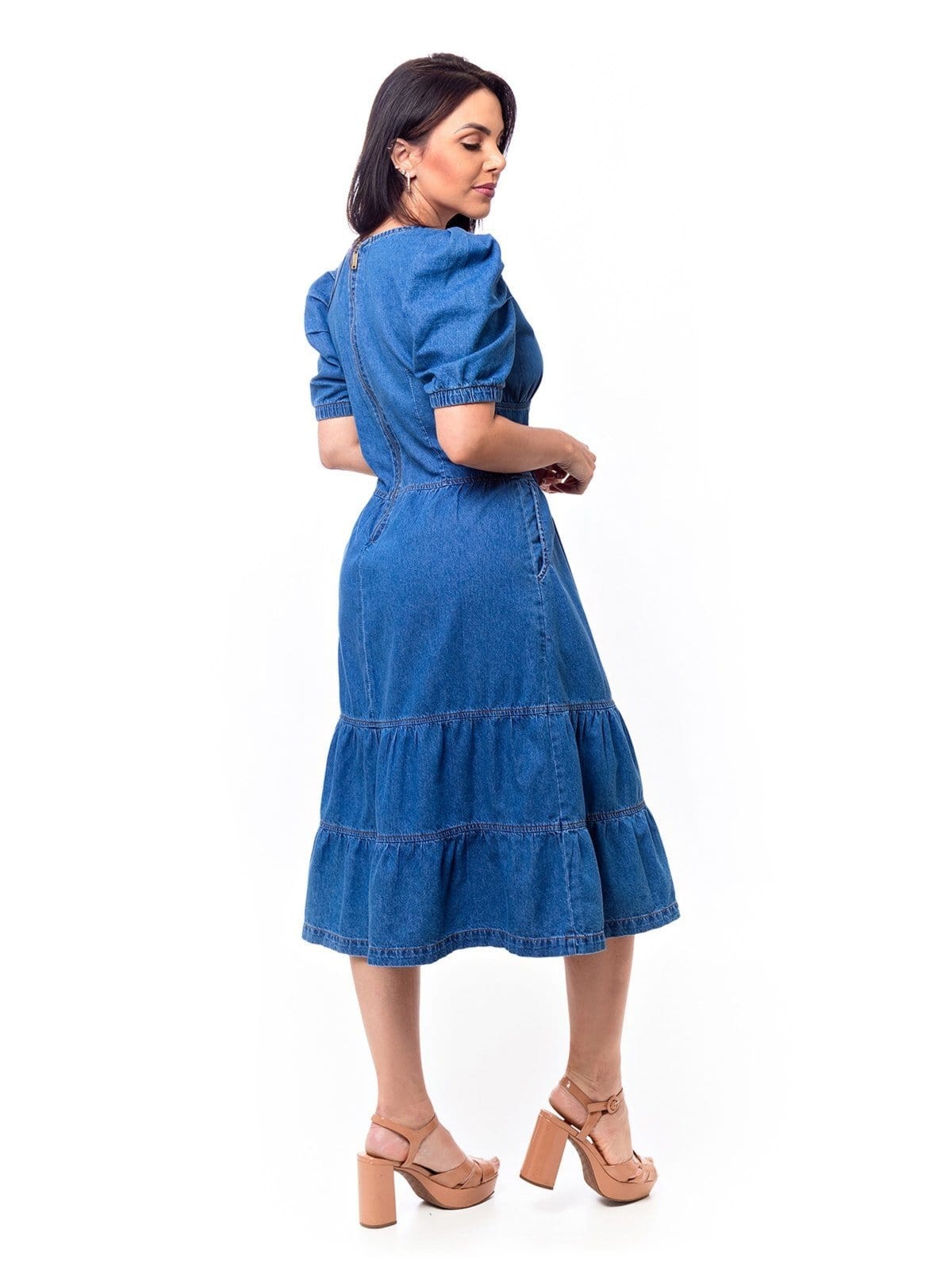 Vista 2 Vestido Midi Restrito Jeans Com Manga Bufante MÉDIO Restrito Jeans azul