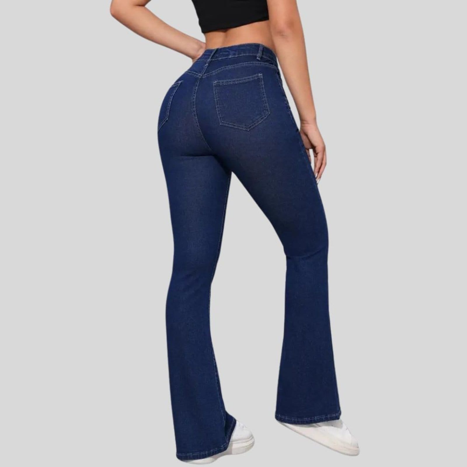 Vista 2 Kit 2 Calça Flare Jeans Feminina Tex Jeans Boca de Sino Cintura Alta Modeladora com Elastano Escuro TEX JEANS azul