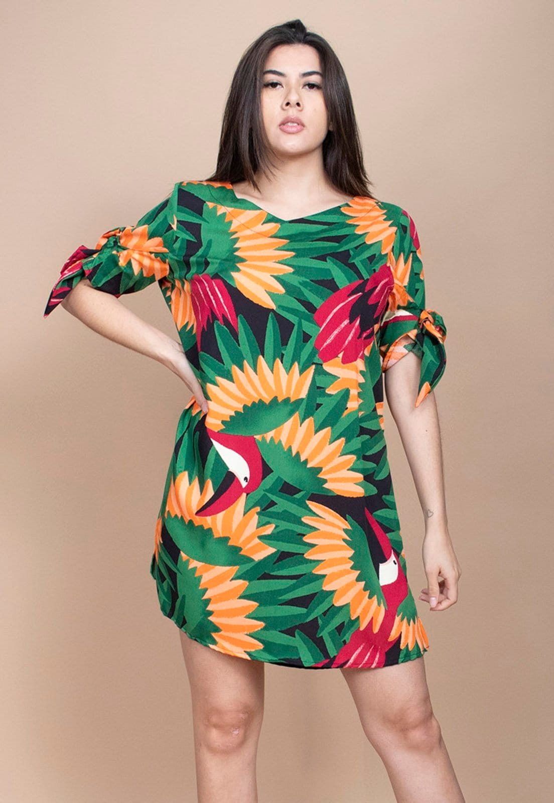 Vista principal Vestido Curto Cabanafree Plano Estampa Festa dos Tucanos Cabanafree estampado/laranja/preto