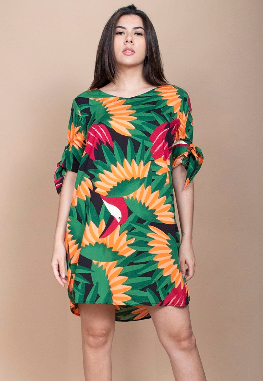 Vista 2 Vestido Curto Cabanafree Plano Estampa Festa dos Tucanos Cabanafree estampado/laranja/preto