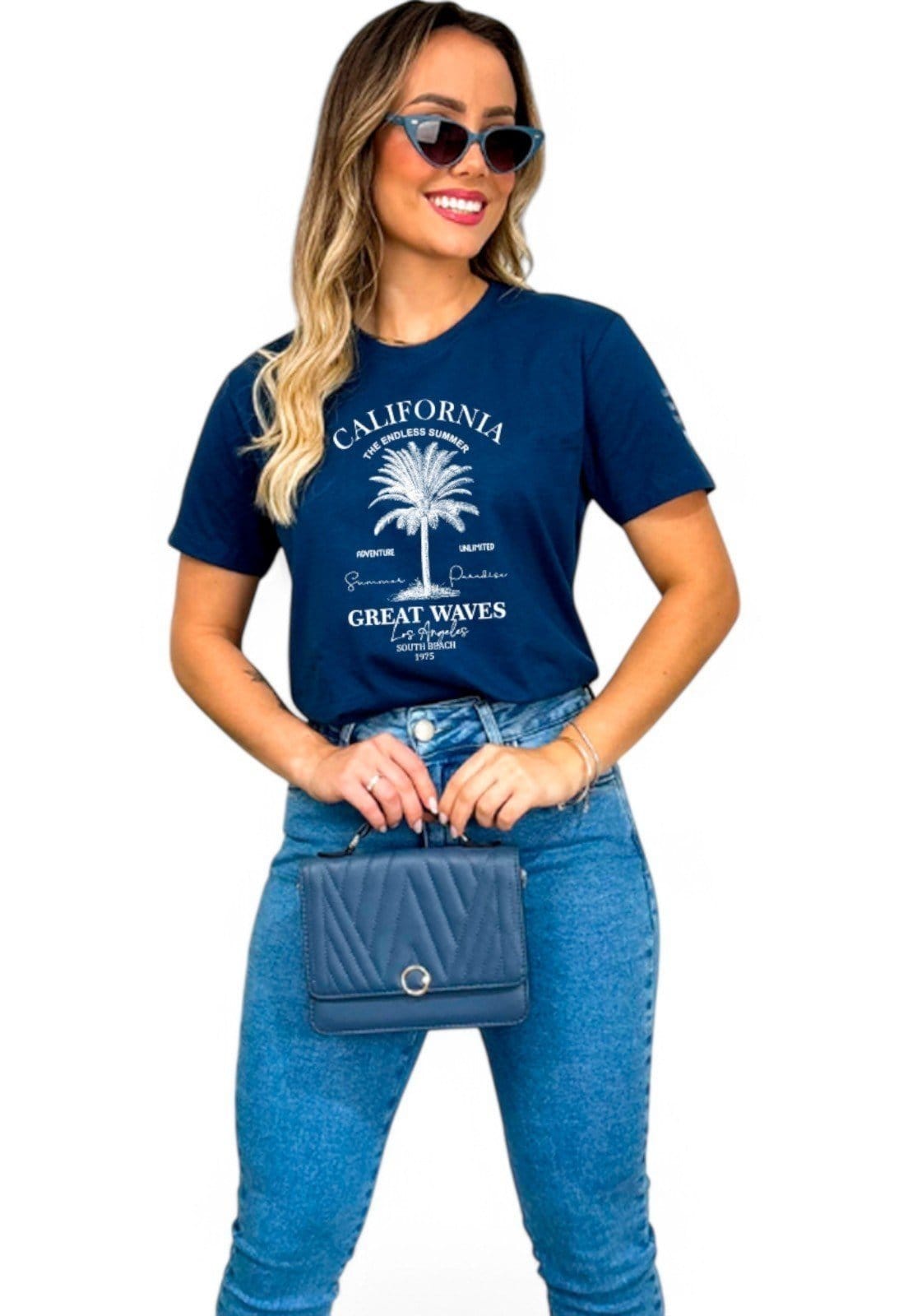 Vista principal Camiseta Cianitas Azul Estampa Coqueiro California Cianitas azul marinho