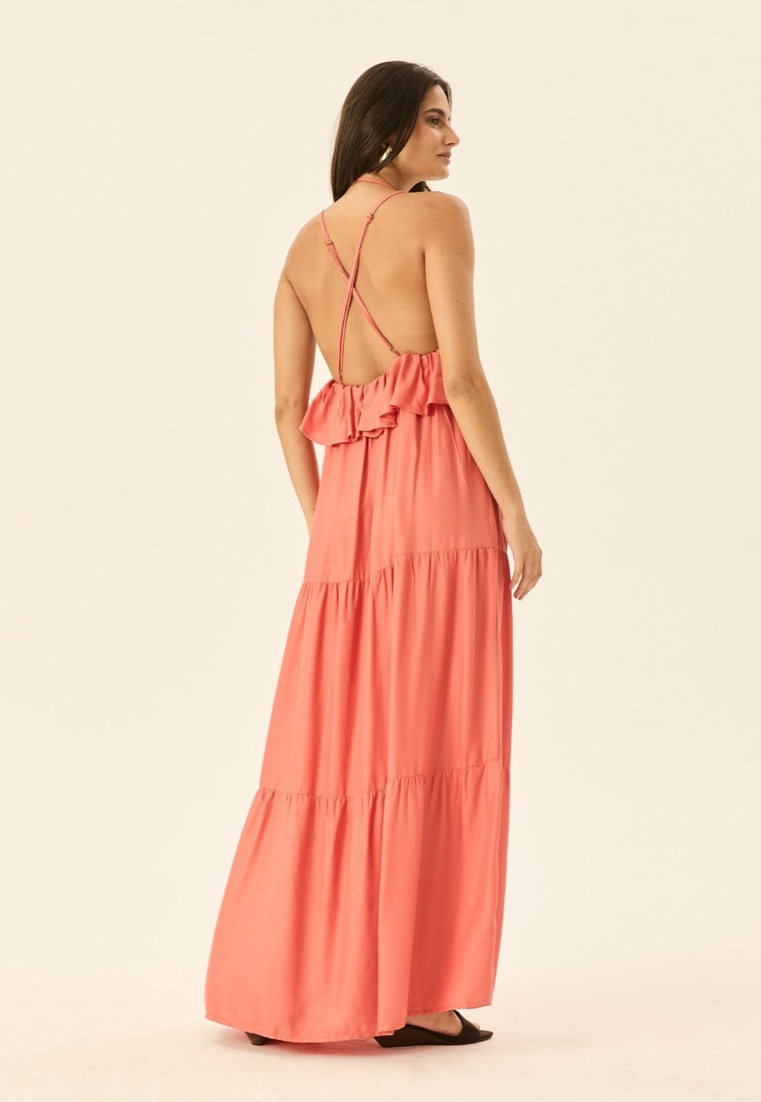 Vista 2 Vestido Longo Peplum Camadas CaCay laranja