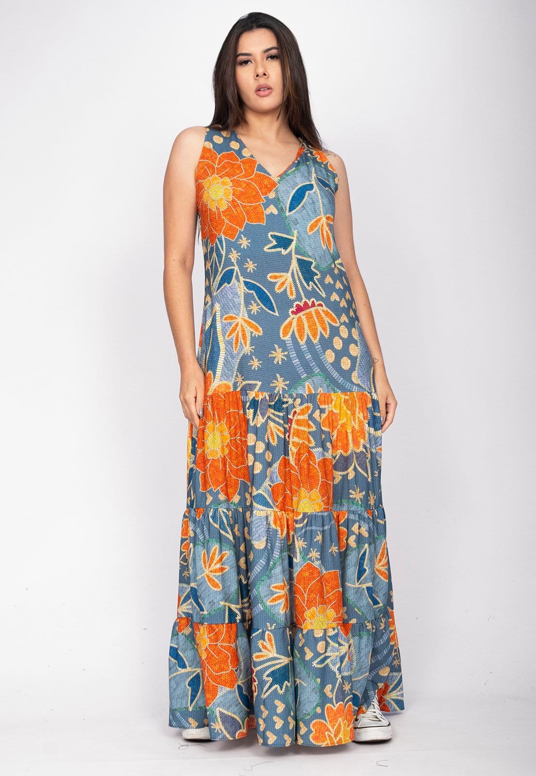 Vista 2 Vestido Aurora Longo Amazonia Vital Viscose Maré Amazonia Vital azul/estampado/floral
