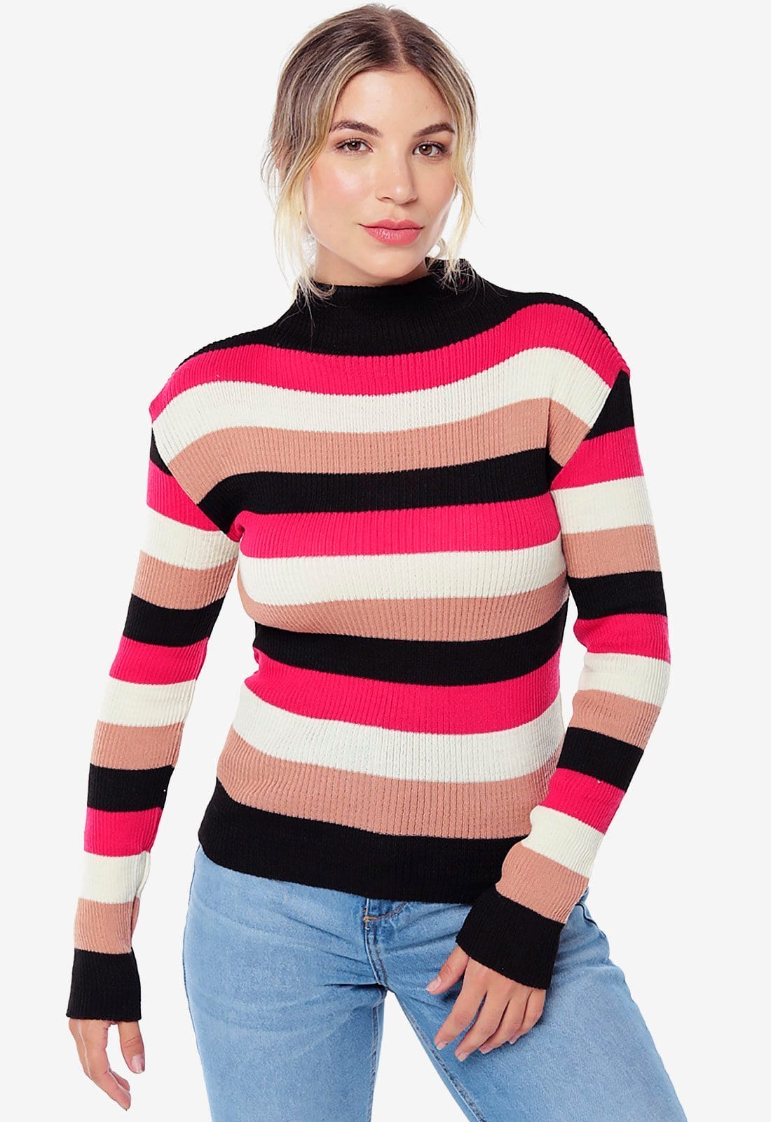 Vista 2 Blusa de Tricot Listrada Gola Alta Sob Rosa e Preta Preto SOB preto rosa