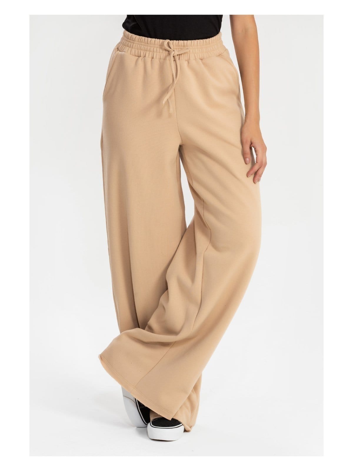 Vista principal Calça Moletinho Wide Leg Tai Feminina Confortável Meu Jeans bege