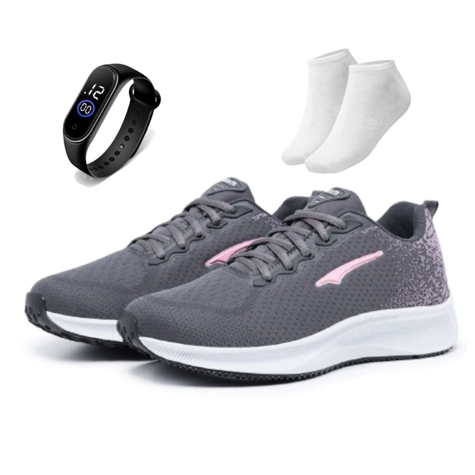 Vista principal Kit Tênis Casual Feminino Esportivo Ortopédico Macio Para Academia Treino Pink + Meia e Relógio Bia Ramos grafite/pink pink