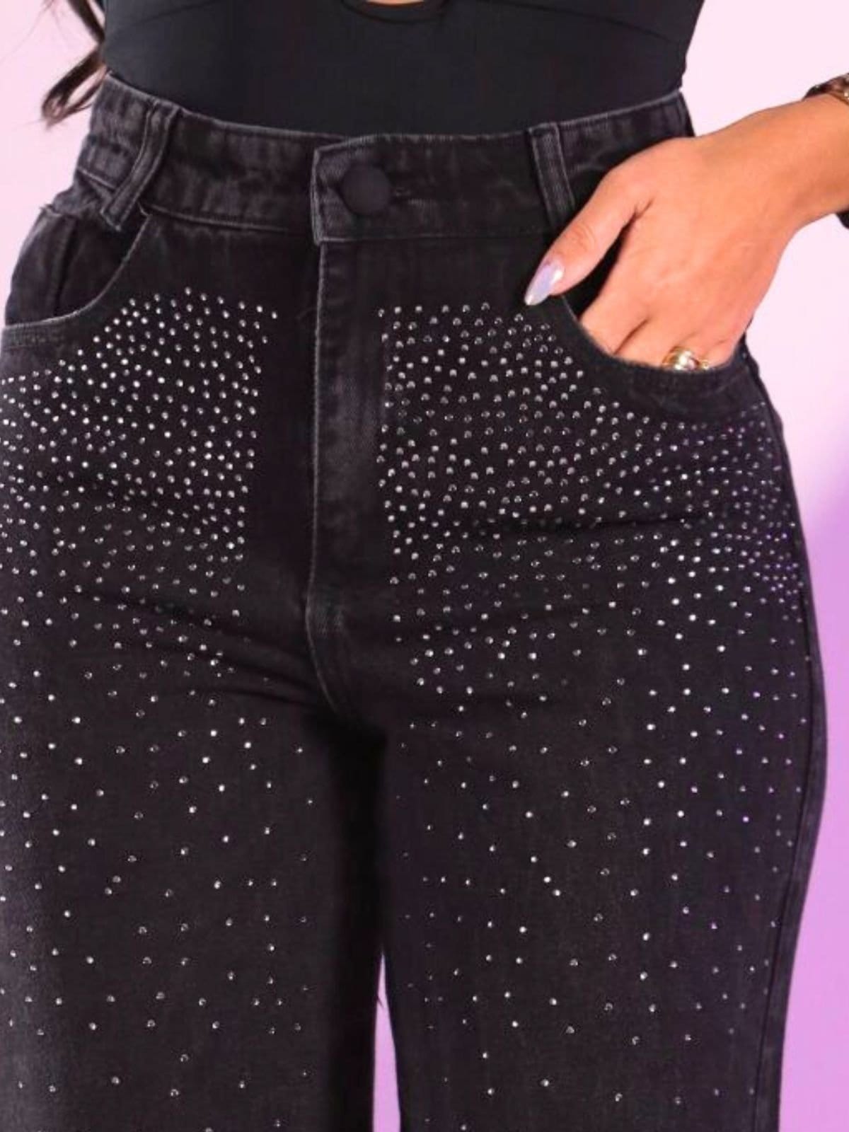 Calça Donna De Paula Wide Leg Grafite Com Brilhos E Strass Cintura Alta