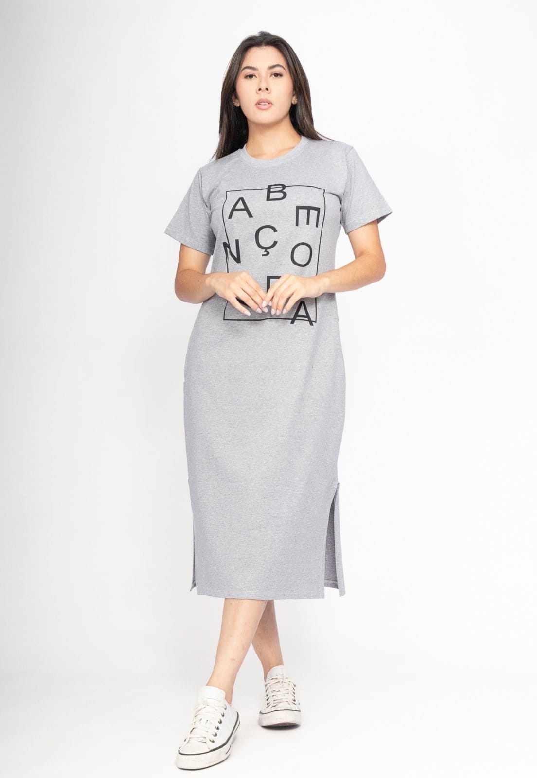 Vista principal Vestido CabanaFree Midi Algodão Manga Curta Moda Evangélica Mescla Cabanafree cinza