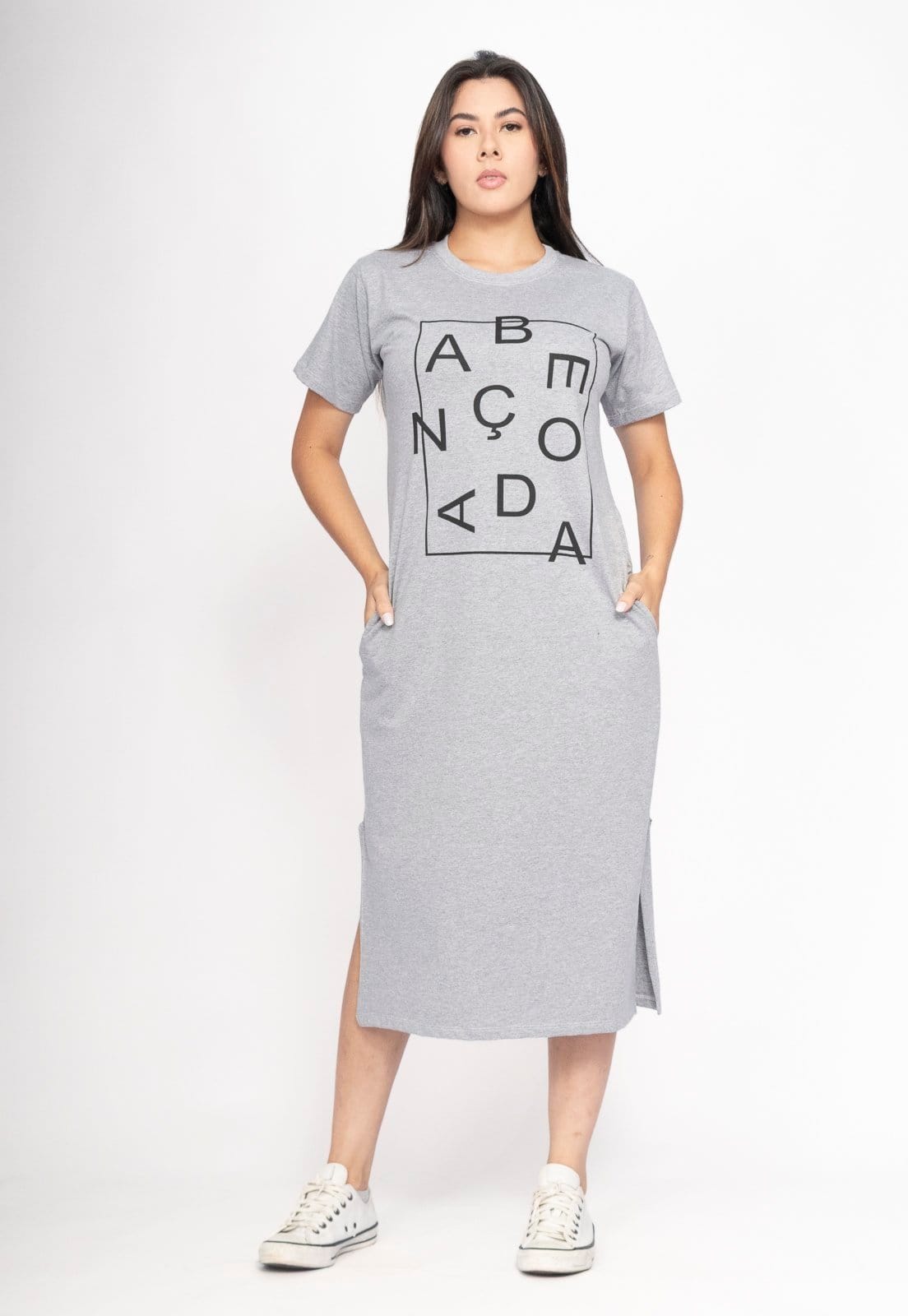 Vista 2 Vestido CabanaFree Midi Algodão Manga Curta Moda Evangélica Mescla Cabanafree cinza