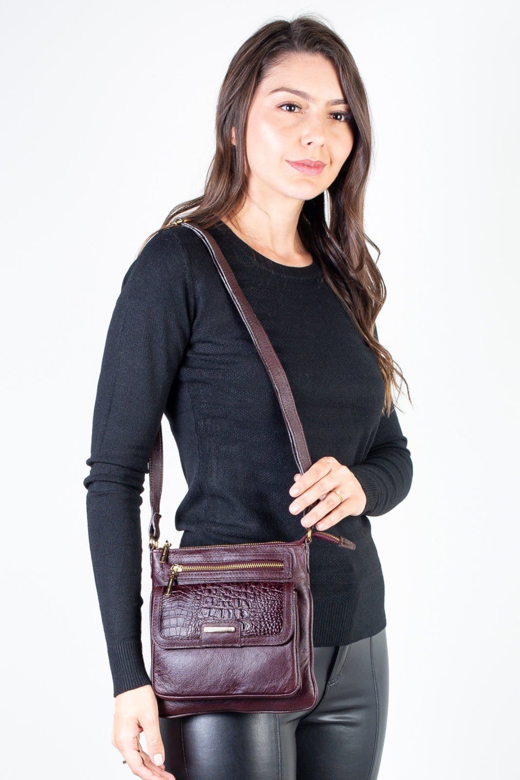 Bolsa pequena transversal em couro liso Emma - Marsala