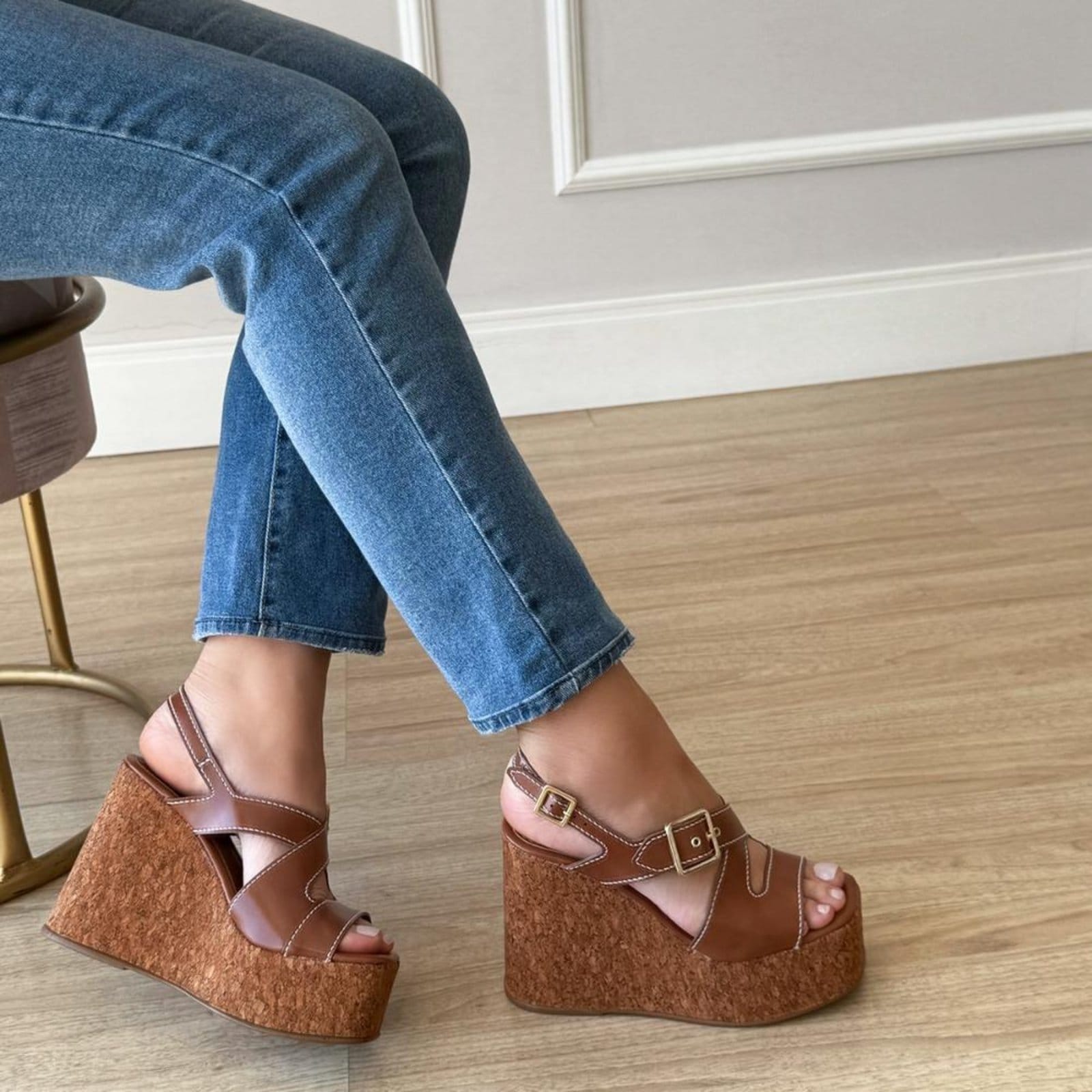 Vista 2 Karol - Sandália Plataforma Anabela Cortiça Damannu Shoes caramelo