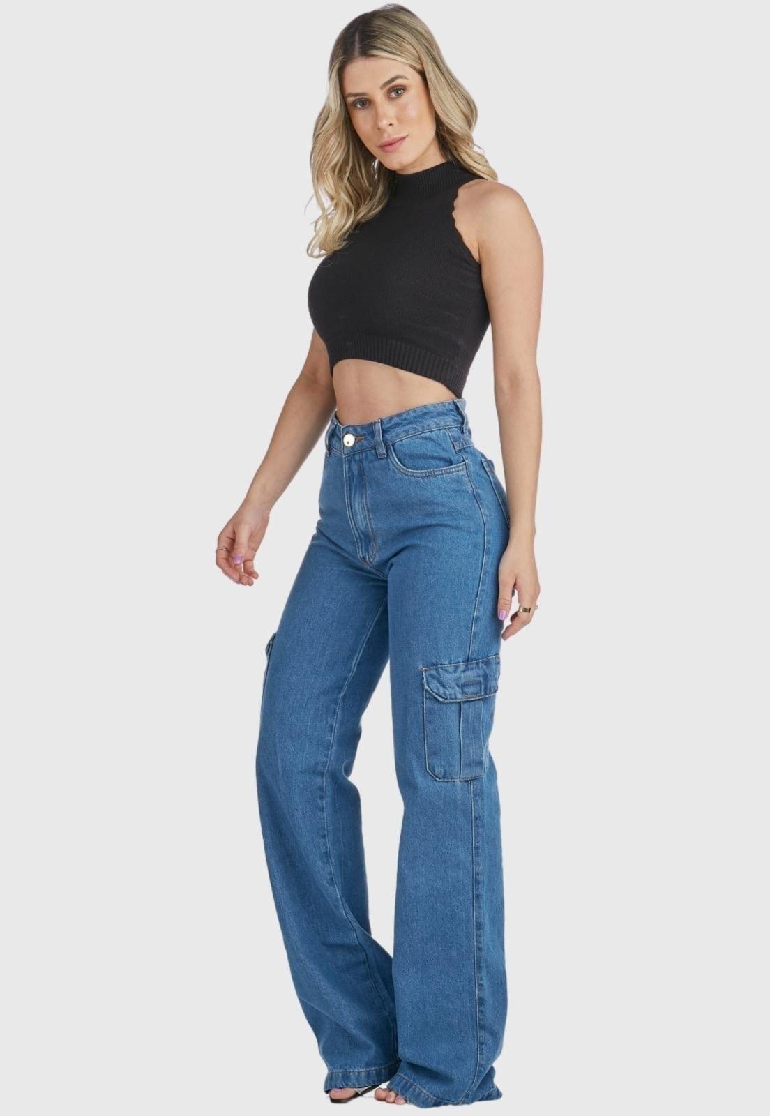 Vista 2 Calça Jeans HNO Jeans Wide Leg Cargo Bolso Lateral Azul HNO Jeans azul marinho