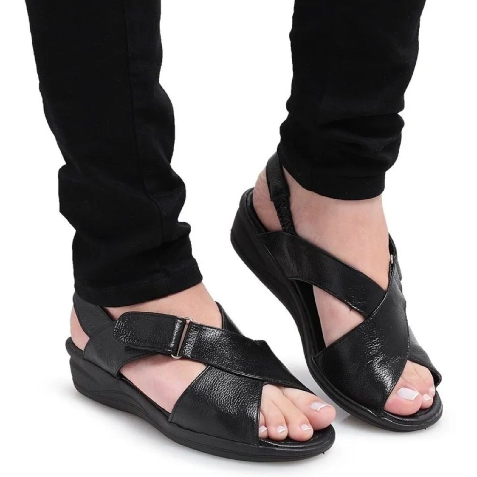 Vista 2 Sandália Anabela Conforto Feminina em Couro 265 Preta Yes Basic preto