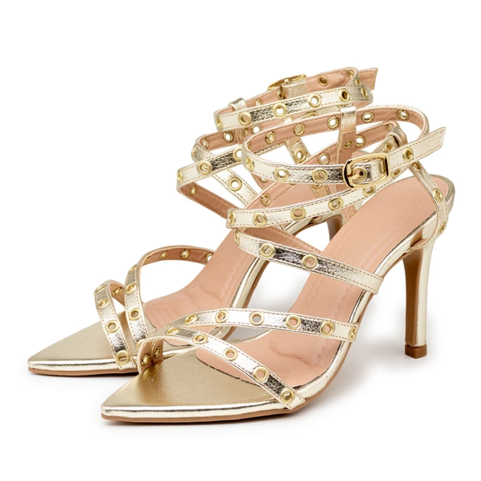 Vista 2 Sandália Social Feminina Bico Fino Salto Alto Fino Ilhós 6019 Ouro Light Flor da Pele dourado