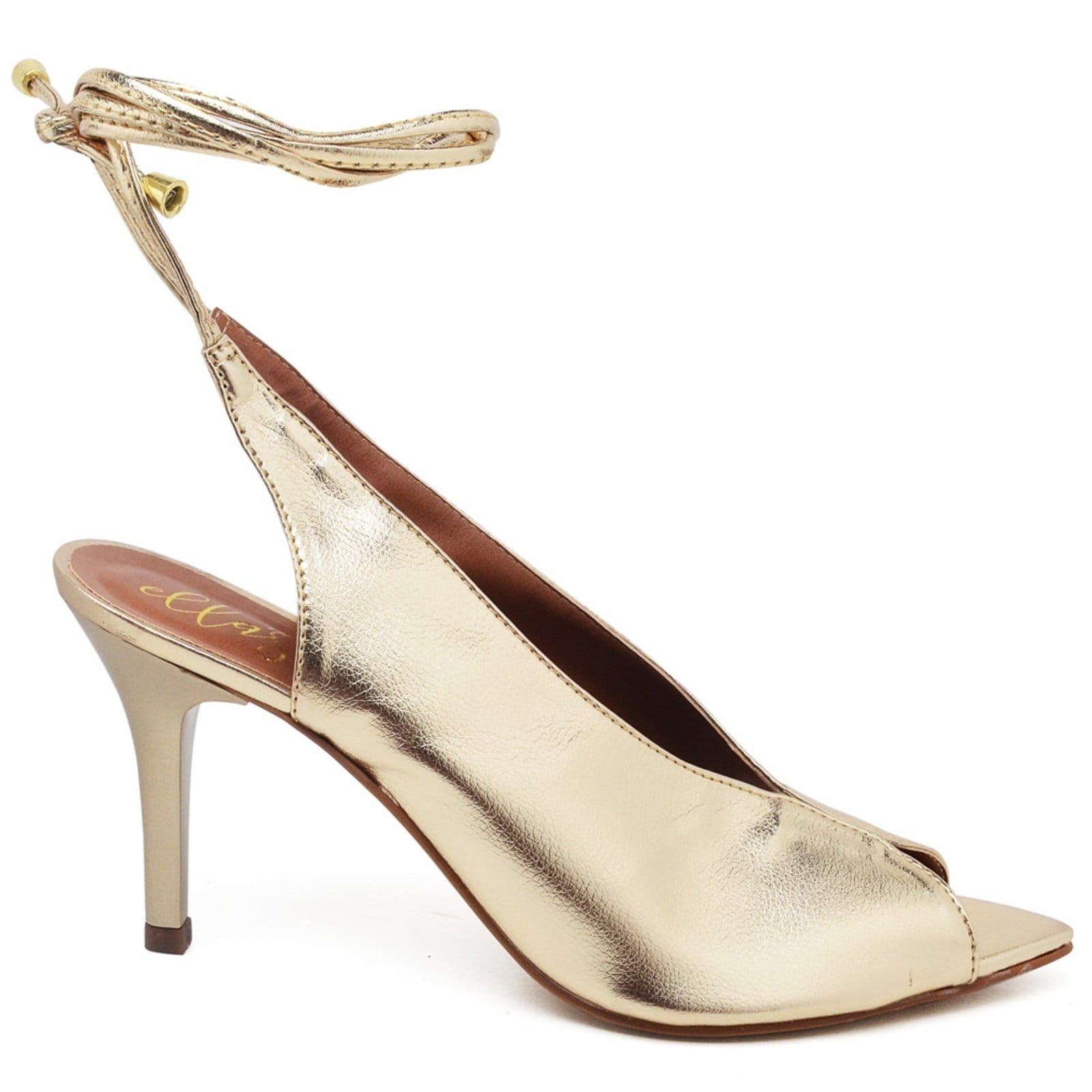 Vista 2 Sandália Salto Médio Bico Folha Metalic Ouro Light Ella's ZAFREM dourado