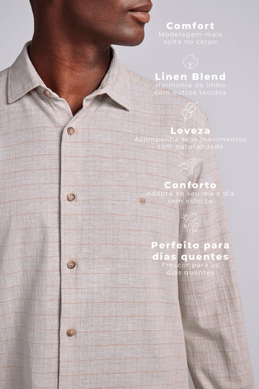 Vista 2 HIGHSTIL Camisa Linen Blend Comfort Listrada Areia HIGHSTIL bege