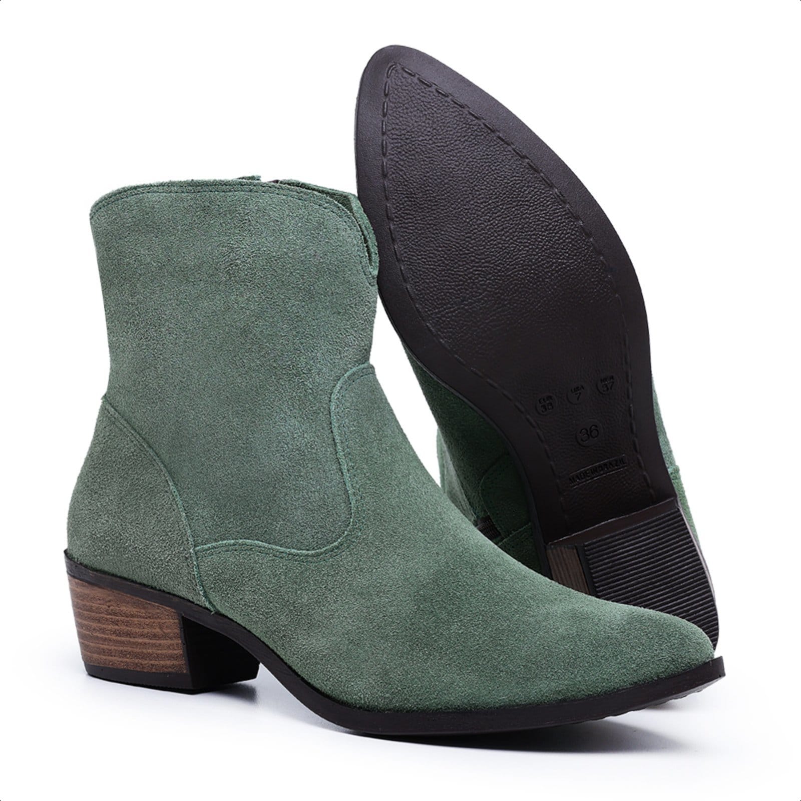 Vista principal Bota Texana Country Feminina Cano Baixo De Couro Salto de 4 cm Cano 15 cm Mod.1100 camurça Mister Couros verde