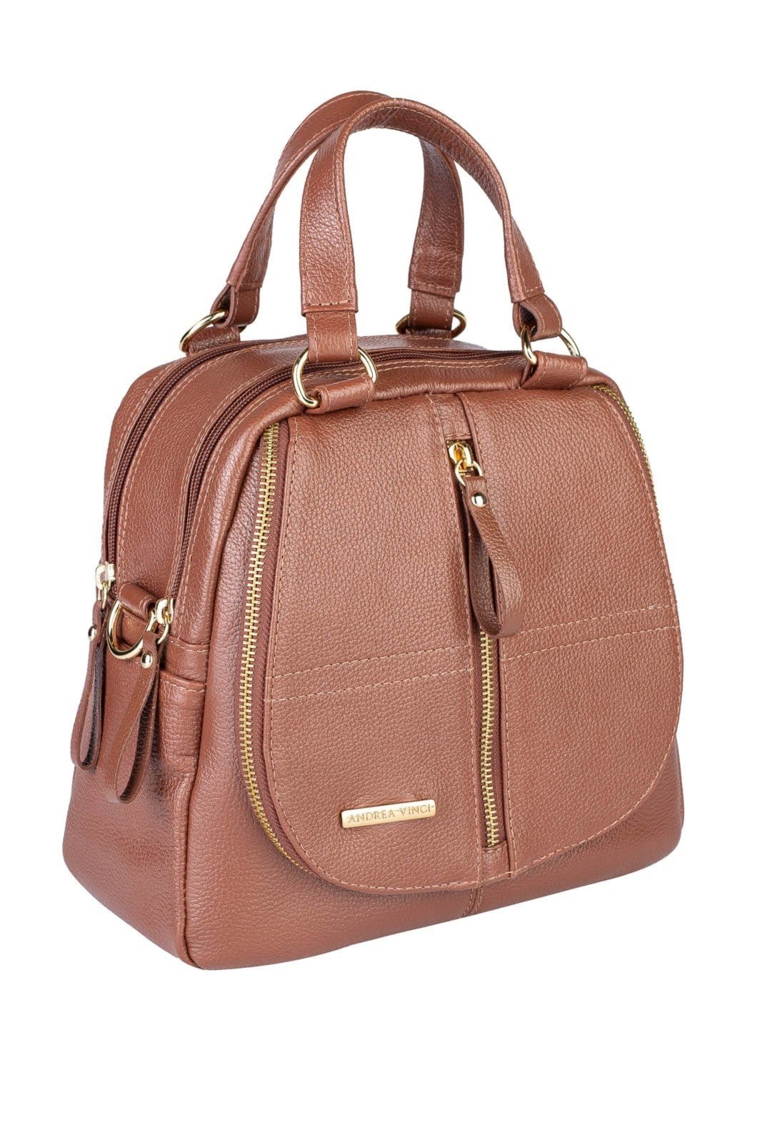 Vista 2 Bolsa Andrea Vinci mochila de couro liso 3 em 1 Marina - Whisky Andrea Vinci caramelo