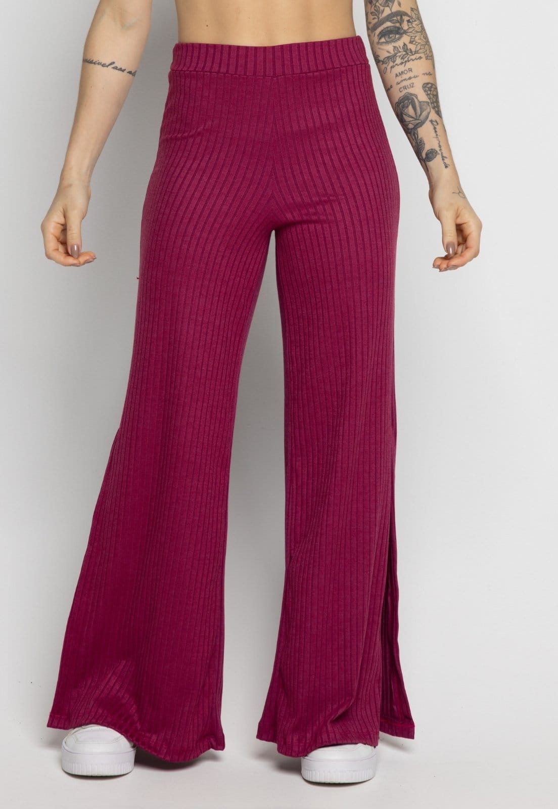 Calça Flare Pantalona Vekyo Cintura Alta Com Fenda Chumbo