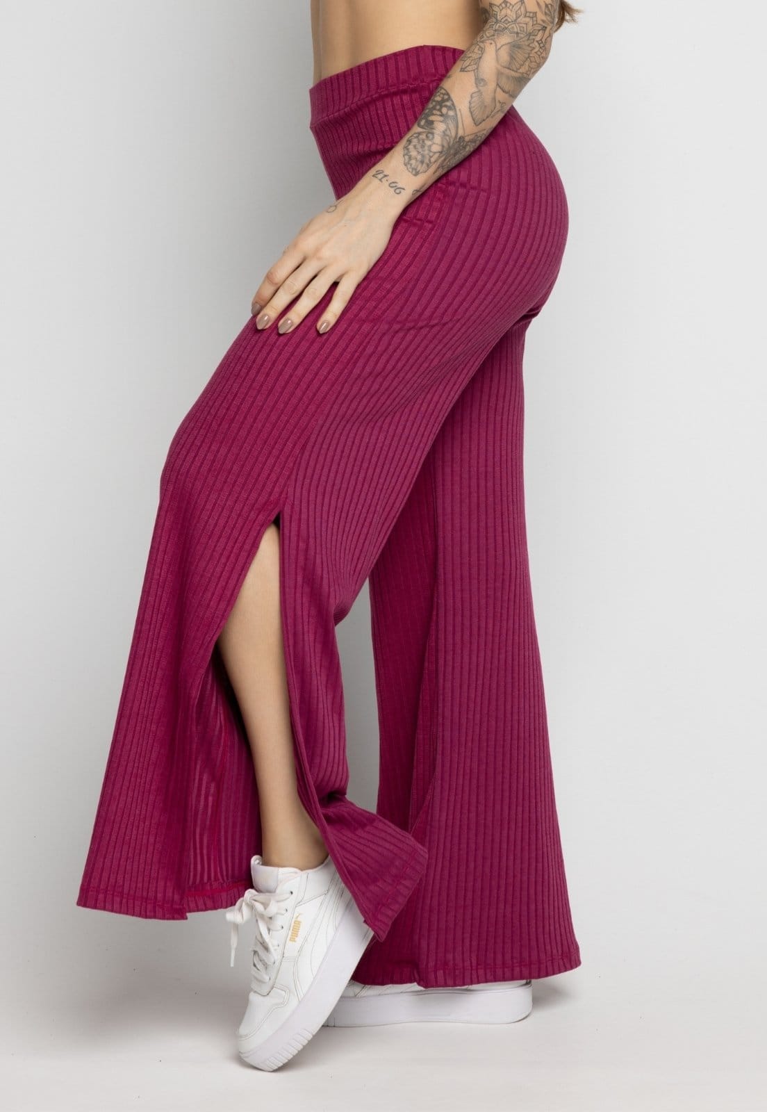 Vista 2 Calça Flare Pantalona Vekyo Cintura Alta Com Fenda Chumbo VEKYO cinza