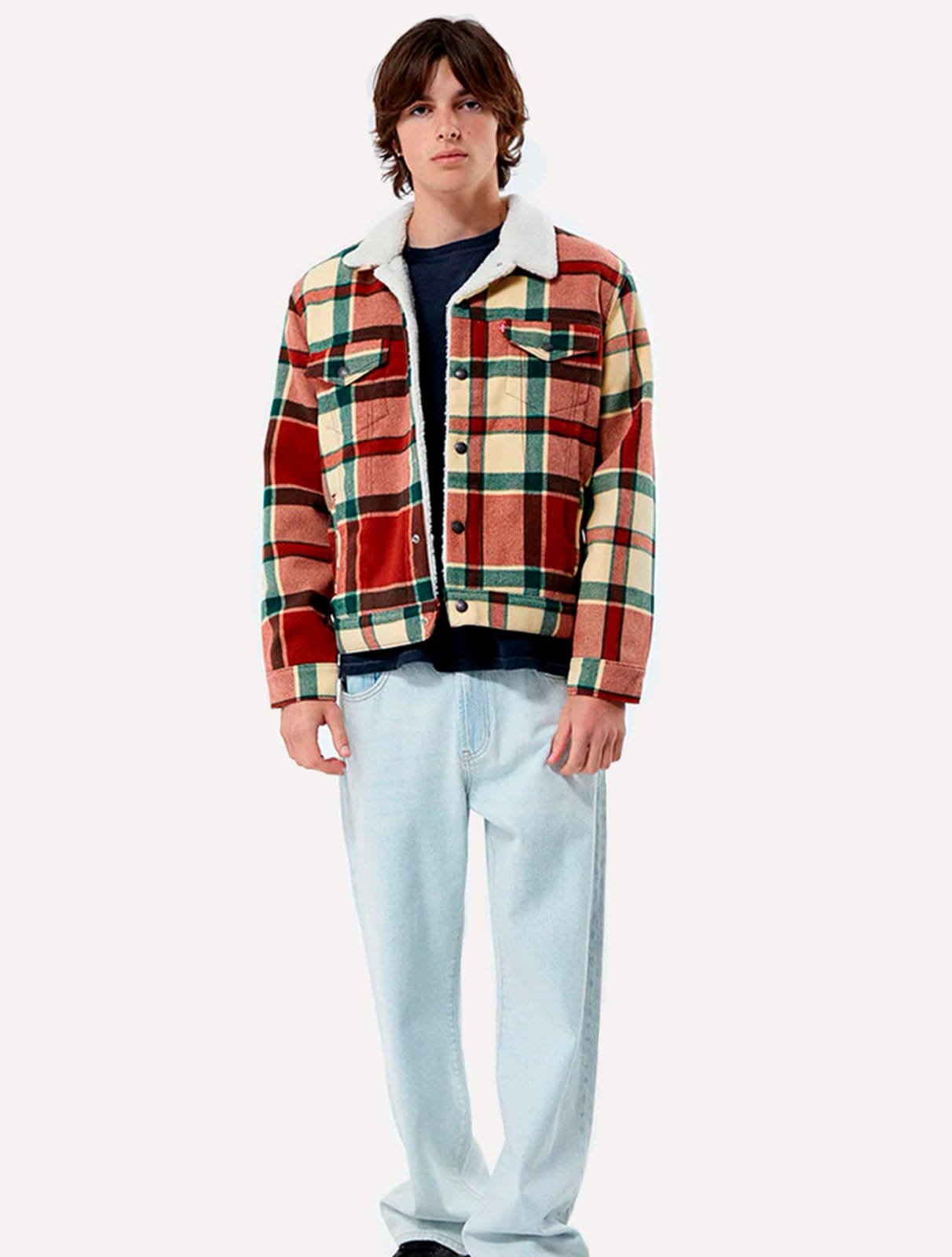 Vista 2 Jaqueta Levis Jeans Masculina Trucker Tipo III Sherpa Cáqui Marrom Levis xadrez