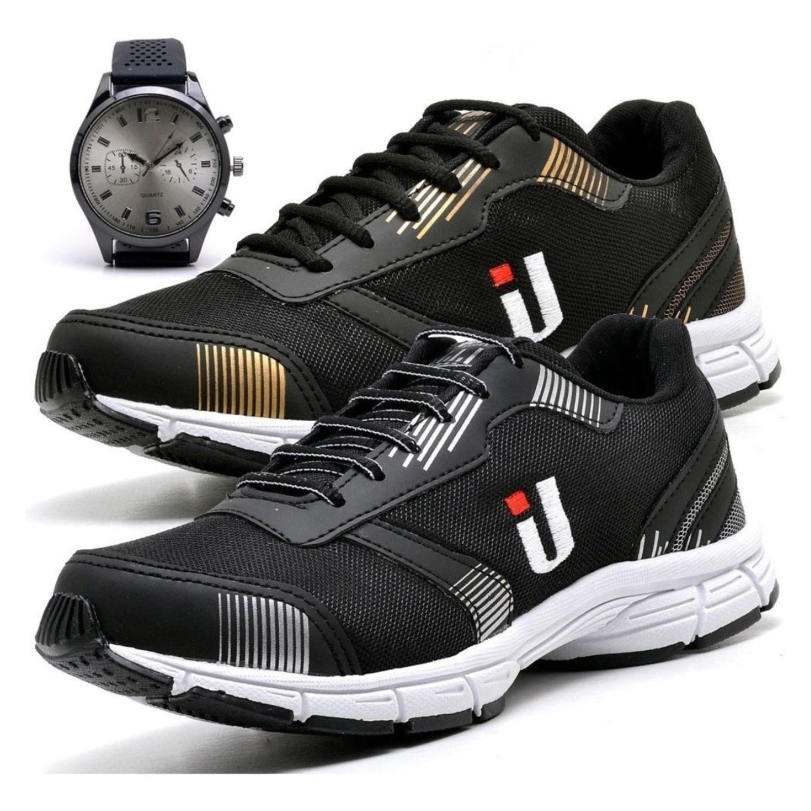 Vista principal Tênis Esportivo Masculino Casual Treino Corrida Leve Super Confortável Lançamento 2 Pares com e Combo Promocional Mais Relógio OUSY SHOES dourado/preto