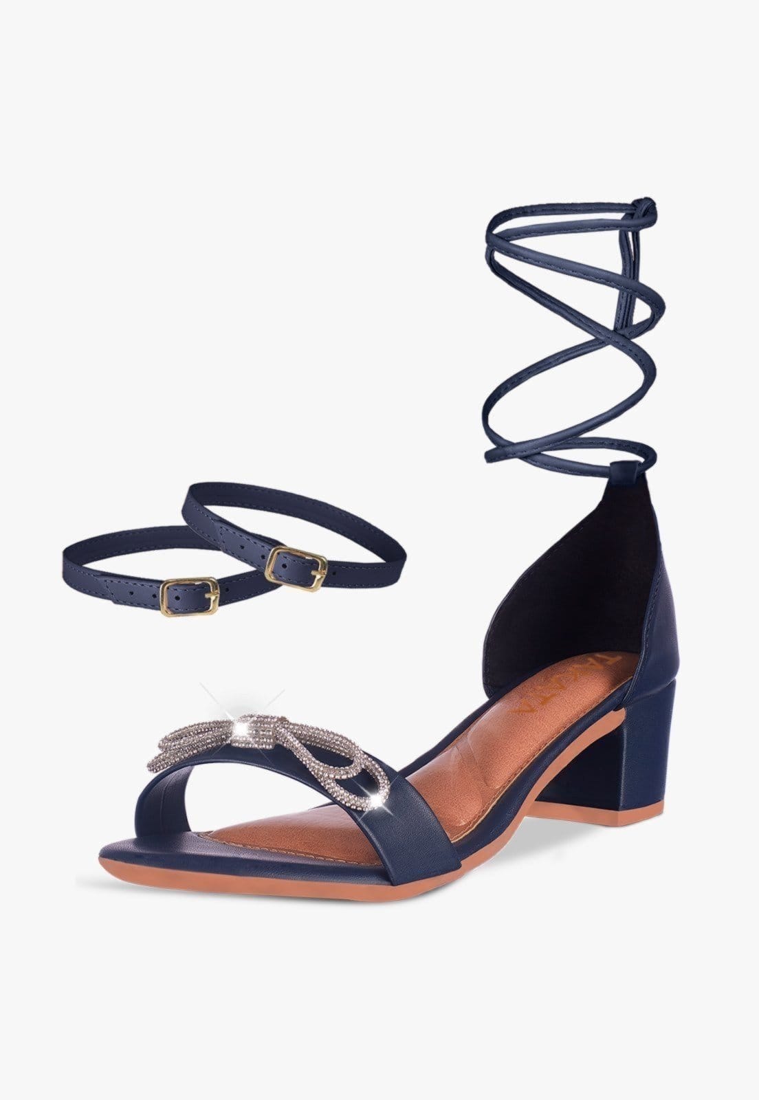 Sandália Feminina Tira Salto Quadrado Baixo Laço Cristal Marinho
