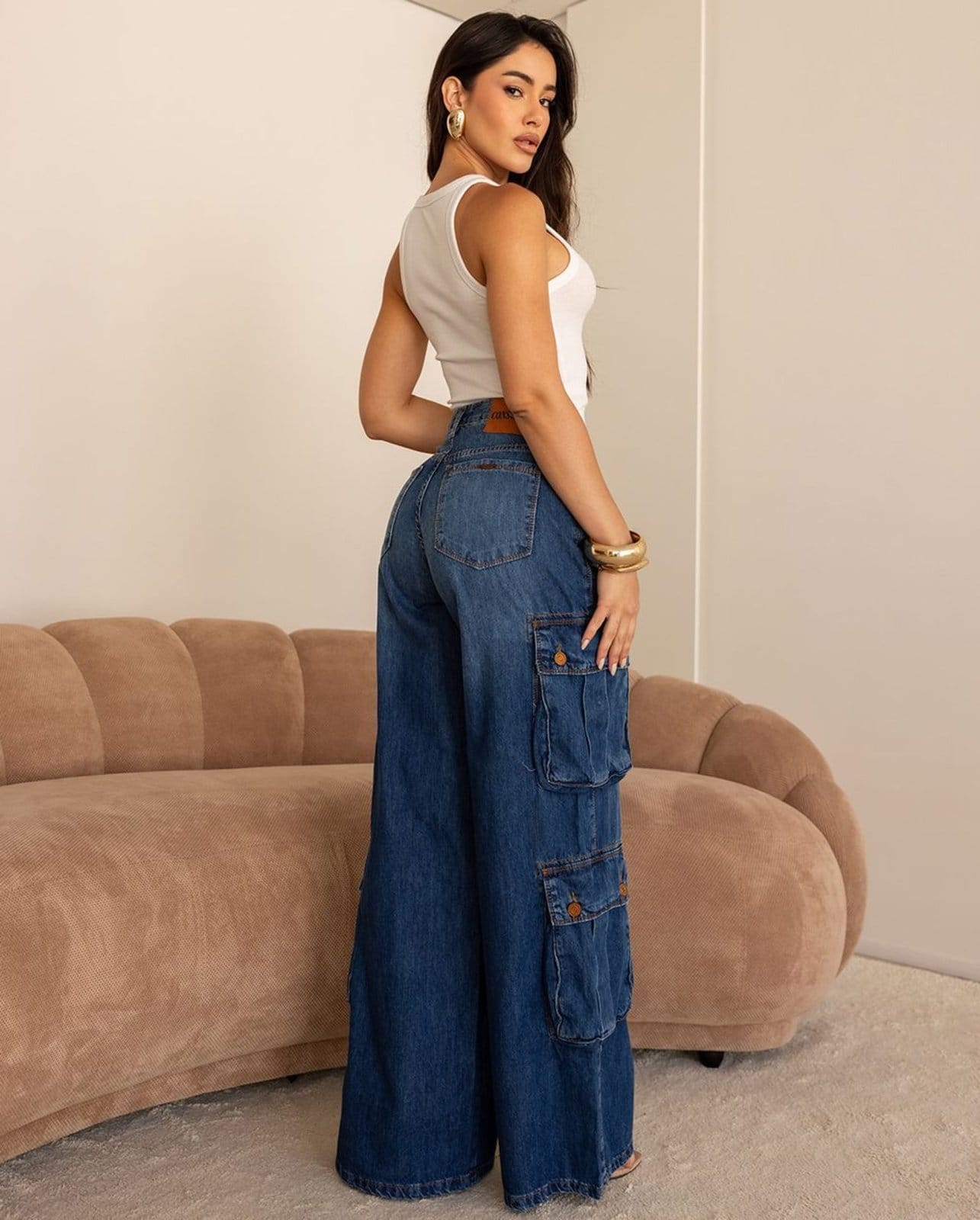 Vista 2 Calça Wide Leg Feminina Relaxed Cargo 24852 Escura Consciência jeans