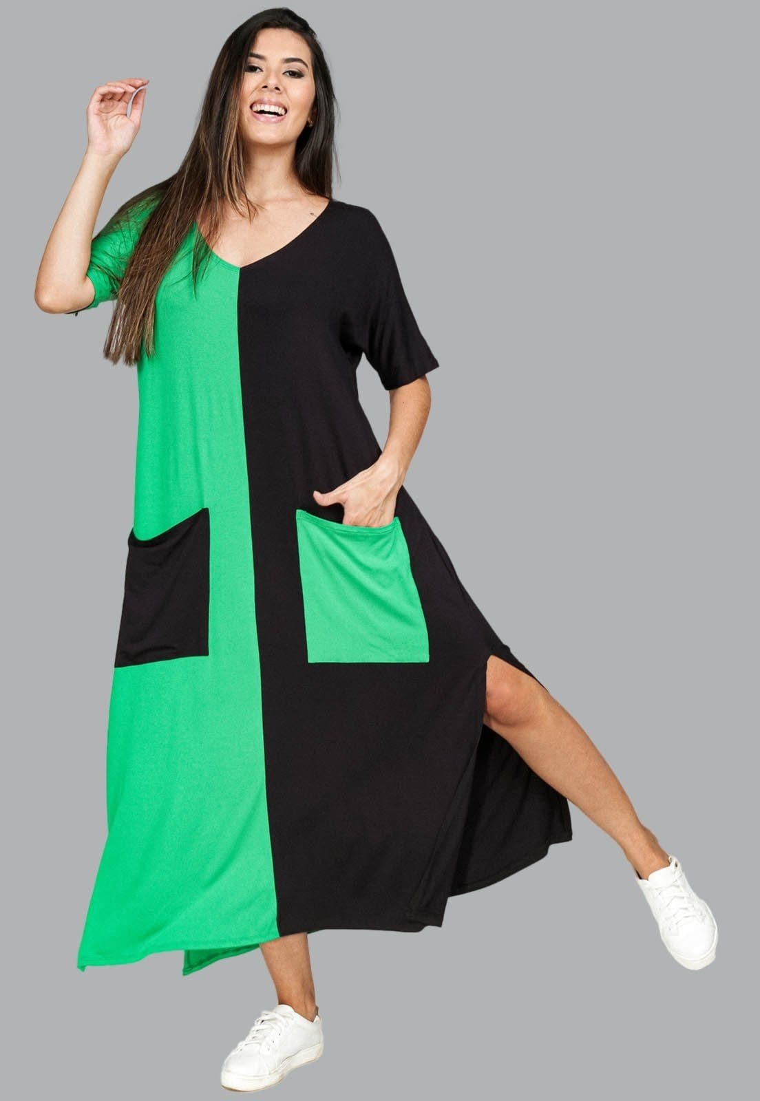 Vista 2 Vestido Midi Reto Malha com Bolso na Frente Amazonia Vital Preto e Amazonia Vital verde