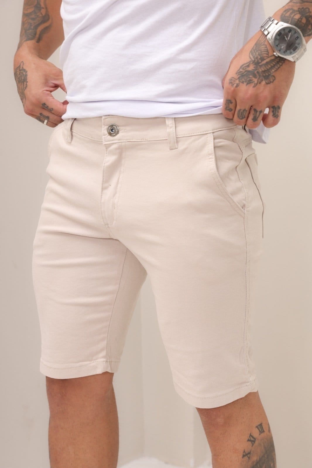 Bermuda Creme Lisa de Sarja Masculina Alleppo Jeans Genebra